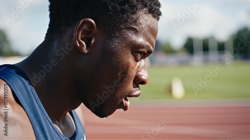 Intense male athlete in profile sweat dripping from his face focused on a track and field competition demonstrating determination and peak physical performance