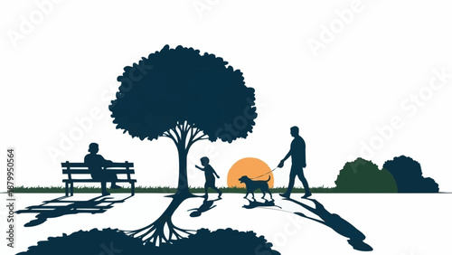 Family enjoying a sunny day in the park with a dog.