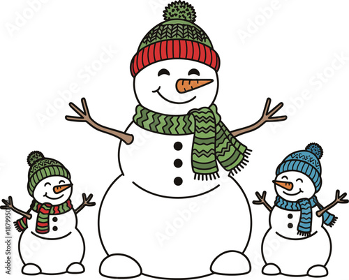 Three smiling snowmen in winter attire