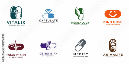 Collection of eight diverse pharmaceutical and wellness logo designs featuring medicine capsules, including concepts for biotech, natural remedies, telemedicine, and pet care.