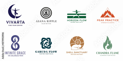 Set of 8 modern yoga and wellness logos featuring silhouettes, nature symbols, and abstract design elements on a white background.