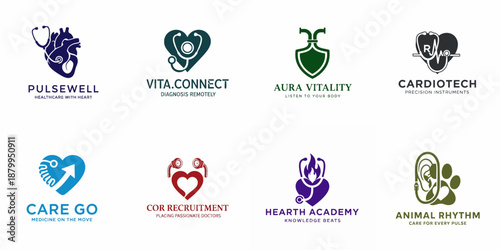 Set of 8 cardiology and healthcare logo templates featuring hearts, stethoscopes, shields, and medical symbols for medical and wellness businesses.