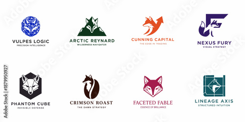 A grid displaying eight distinct fox logo designs in various styles and colors, incorporating elements like geometry, technology, nature, and commerce, suitable for branding.