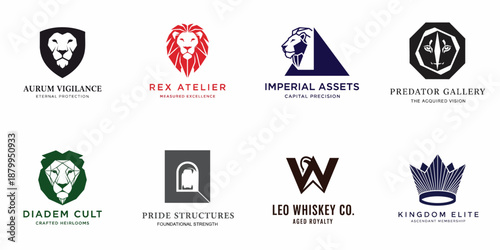 Eight Modern Lion and Crown Logo Concepts for Corporate Branding, Luxury Products, Financial Services, and Exclusive Membership Designs.