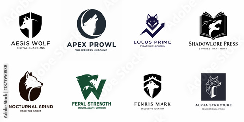 Eight powerful wolf mascot logos set, showcasing modern, monochrome vector branding concepts for identity, security, wildlife, and strategic growth businesses.
