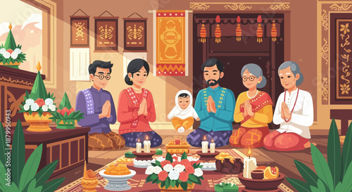 Family in prayer together at home.