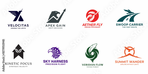 A collection of eight modern corporate logo designs featuring abstract eagles, wings, and symbols of speed, growth, and high performance.