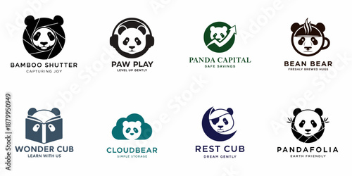 A collection of eight creative vector logo designs featuring panda bears integrated with various concepts like photography, finance, coffee, and education.