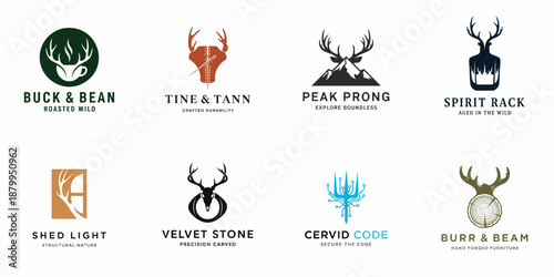 Collection of eight creative vector logos featuring deer and stag antlers combined with diverse elements like coffee, mountains, liquor, and technology, ideal for modern branding.