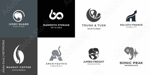 A collection of eight professional, monochromatic elephant and mammoth logo designs representing various industries like finance, storage, logistics, coffee, and security branding concepts.