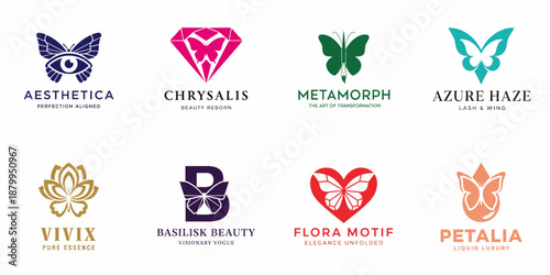 Set of eight elegant vector logo designs incorporating butterfly, flower, and abstract symbols like eyes and hearts for premium beauty and cosmetic brands.