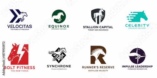 Horse logo design collection showcasing speed, power, and movement concepts for corporate and fitness branding identities.