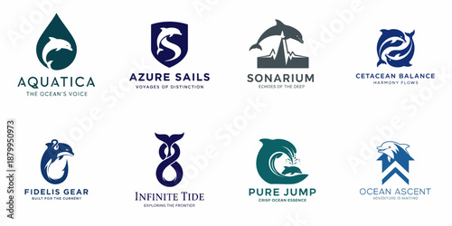 Vector collection of modern dolphin logos and marine emblems in blue and teal for branding, featuring water drops, waves, and cetaceans