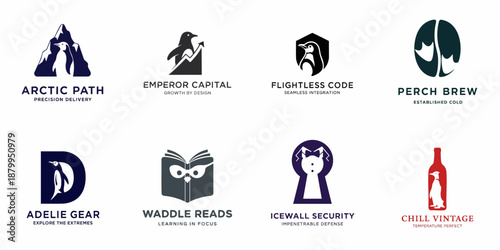 Eight creative penguin logo designs showcasing Arctic and aquatic themes for branding diverse modern businesses and corporate identities.