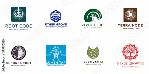 A collection of eight modern logo designs combining natural elements like trees and roots with technology, circuits, and data for AI, biotech, and infrastructure branding concepts.