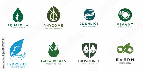 Collection of eight modern corporate vector logos showcasing green and blue designs related to nature, organic products, sustainability, ecology, and environmental technology.