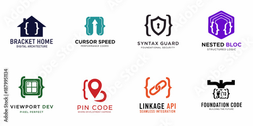 Eight modern coding and software development vector logos featuring programming curly braces symbols for technology branding, security, speed, and integration concepts.