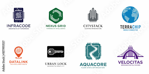 A collection of professional logo designs for smart city, technology, infrastructure, data, and connectivity companies, featuring chip, globe, building, and bridge motifs.