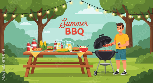 Man grilling food on barbecue.