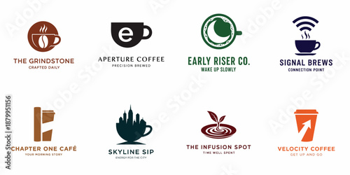 Diverse collection of modern coffee shop and cafe logo designs, featuring minimalist icons representing energy, urban life, precision, and connection.