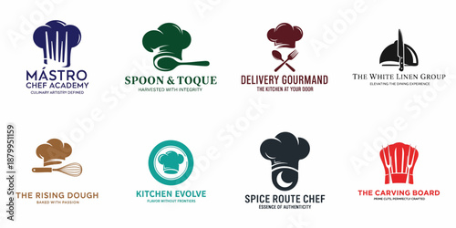 Eight diverse culinary logo designs featuring chef hats, kitchen utensils, and food service icons, suitable for catering, restaurants, and cooking academies.