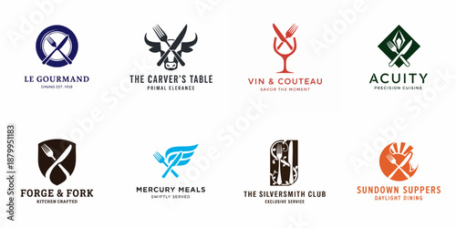 A collection of eight diverse and professional logo design concepts for restaurants, catering, and culinary brands featuring modern stylized cutlery icons.
