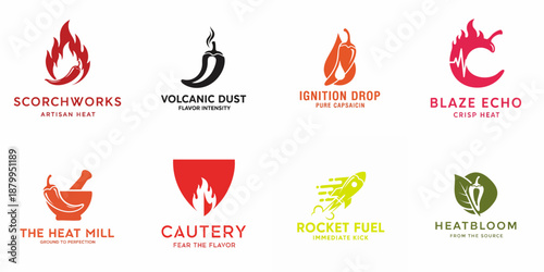 A vibrant collection of eight modern chili pepper and heat-themed logo designs, perfect for branding spicy food products, hot sauce, and flavor ingredients.