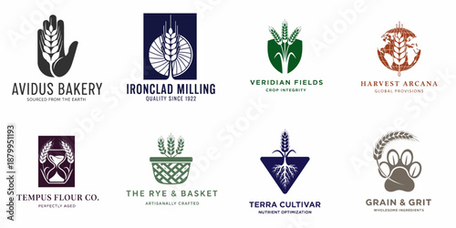 Collection of eight modern wheat, grain, and agriculture logo designs for branding, including concepts for milling, baking, food production, and natural ingredients.