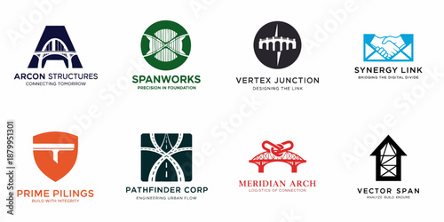 Set of 8 minimalist logo designs for engineering, construction, and infrastructure companies featuring modern architectural, bridge, road, and connection symbols.