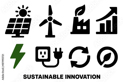Brutalist Eco Icons. Sustainable Innovation silhouette set: solar cell, wind blade, bioenergy plant, efficiency chart, green lightning bolt, smart plug, clean loop, renewable icon