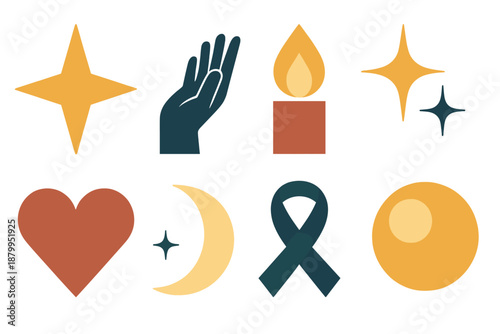 Geometric Wish Icons. Wishing Moment in geometric flat style: star, hand reaching, candle flame, sparkles, heart, moon, ribbon, glowing orb