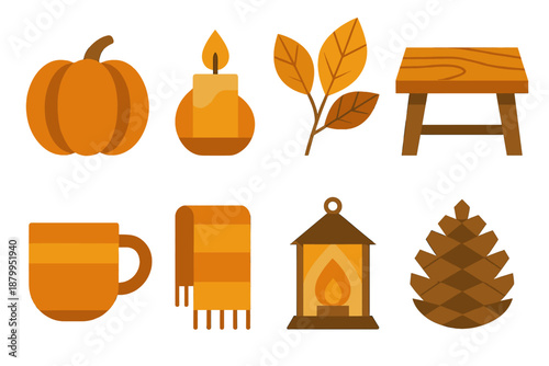 Autumn Icon Set. Autumn Warmth in geometric flat style: pumpkin candle, leaves, wooden table, mug, scarf, lantern, pinecone, candlelight glow