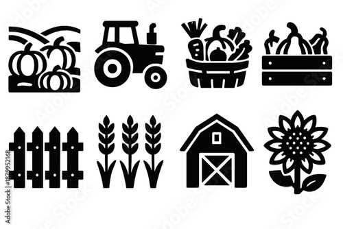 Brutalist Harvest Icons. Harvest Pumpkins silhouette set: field of pumpkins, tractor, basket of vegetables, crate of gourds, wooden fence, wheat stalks, farm barn, sunflower