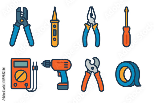 Colorful Electrical Tools Icons. Electrical Tools modern flat vector icons: wire stripper, voltage tester, pliers, screwdriver, multimeter, electric drill, cable cutter, insulation