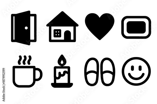Brutalist Welcome Icons. Home Welcome silhouette set: open door, cozy house, welcome mat, heart symbol, warm mug, lit candle, slippers, smiling face