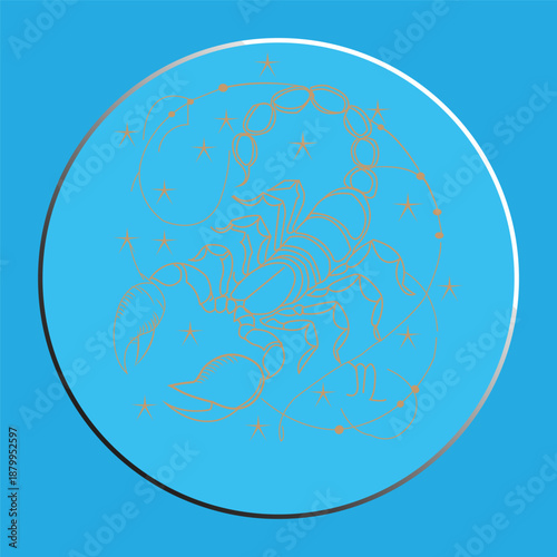 Scorpio Zodiac Sign Illustration - Gold Line Art Scorpion on Blue Sphere with Stars and Constellation