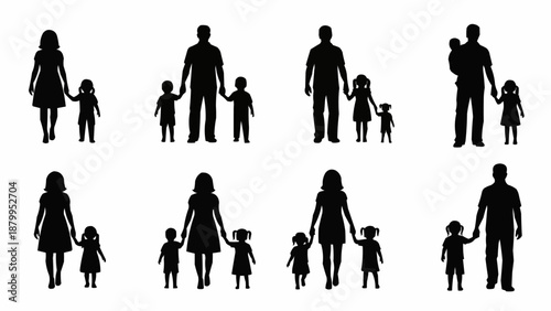 Family Silhouettes Holding Hands Walking Together.