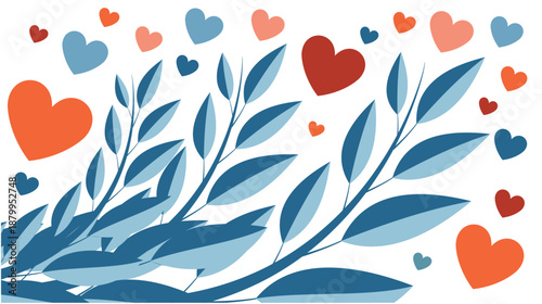 Red heart with green foliage, vector illustration of love and tenderness, emotions and state of mind, hearts on a background of plants. Wedding bouquet