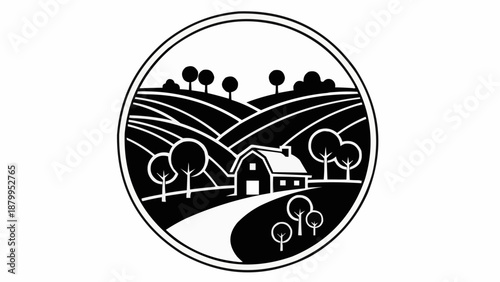 Farmhouse nestled in rolling hills with trees and fields.