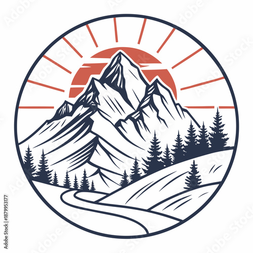 Mountain Peak Emblem Flat Vector Circle Icon