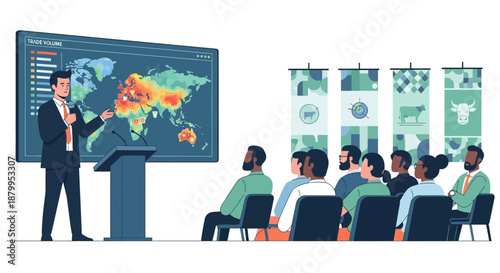 Businessman presenting global data to audience.