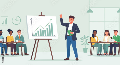 Businessman presenting graph on easel to colleagues.