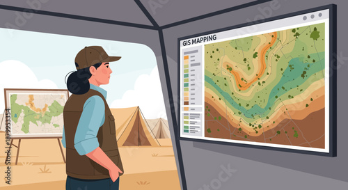 Cartographer Examining Topographic Map on Computer Screen.