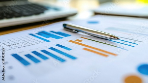 Close-up image showcases a metallic silver pen resting on printed financial documents displaying colorful bar graphs and data tables indicating business performance analysis or strategic planning revi