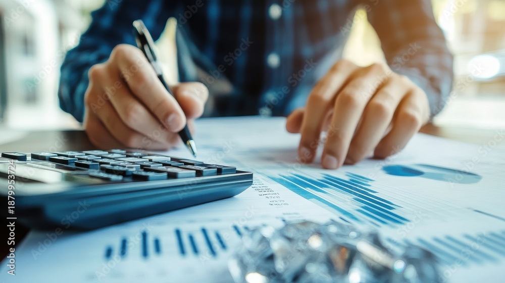 Fototapeta premium Close up of a focused financial analyst wearing a blue plaid shirt calculating expenditures using a calculator while reviewing detailed business reports displaying various bar graphs and pie charts fo
