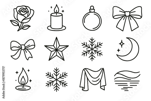 New Year Elegance. New Year Peace Elegant Serenity outline icons: white rose, silver candle, pearl ornament, gold ribbon, glass star, satin bow, shimmer flame, snowflake crystal,