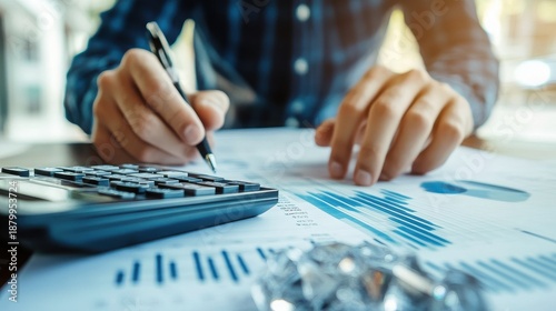 Close up of a focused financial analyst wearing a blue plaid shirt calculating expenditures using a calculator while reviewing detailed business reports displaying various bar graphs and pie charts fo