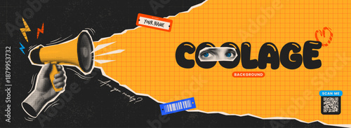 Dynamic collage-style background with halftone textures, loudspeaker, bold lettering, barcodes, eyes, and torn paper. Perfect for presentations, youth marketing, school promo or posters.