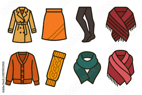 Chic Winter Icons. Chic Winter Layers modern flat vector icons: trench coat, wool skirt, layered tights, textured shawl, buttoned cardigan, knitted sleeve, warm collar, soft wrap