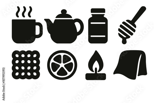 Cozy Beverage Icons. Cozy Beverage Rituals silhouette set: steaming mug, ceramic teapot, spice jar, honey dipper, wool coaster, dried fruit slice, candle flame, soft cloth
